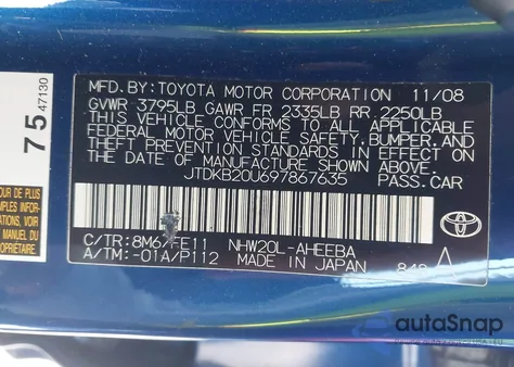 2009 Toyota Prius z USA, uszkodzony, nr VIN JTDKB20U697867635